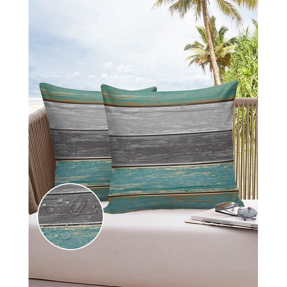 Outdoor Throw Pillow Cover Vintage Gray Green Gradient Wood Board Waterproof Cushion Covers 2 Pack Retro Farm Pillow Cases Home Decoration for Patio Garden Couch Sofa