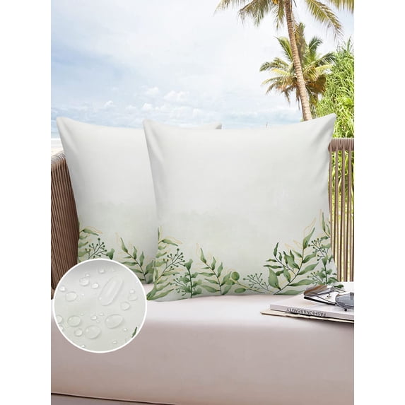 Outdoor Throw Pillow Cover Watercolor Botanical Green Leaves Waterproof Cushion Covers 2 Pack Farm Plant Foliage with Gold Lines Pillow Cases Home Decoration for Patio Garden Couch Sofa