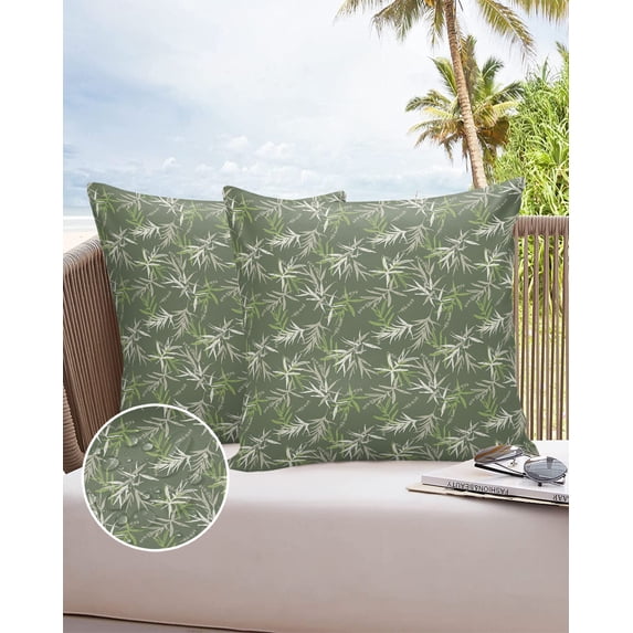 Outdoor Throw Pillow Cover Watercolor Chinese Bamboo Foliage Waterproof Cushion Covers 2 Pack Spring Botanical Leaves on Green Pillow Cases Home Decoration for Patio Garden Couch Sofa