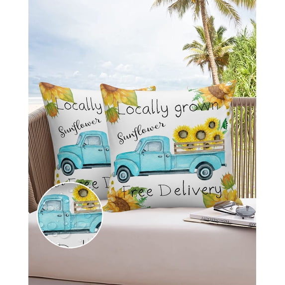 Outdoor Throw Pillow Cover Watercolor Farm Teal Truck Sunflowers Waterproof Cushion Covers 2 Pack Farmhouse White Pillow Cases Home Decoration for Patio Garden Couch Sofa
