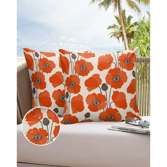 Outdoor Throw Pillow Cover Watercolor Orange Poppy Flowers Waterproof Cushion Covers 2 Pack Abstract Garden Floral Art Pillow Cases Home Decoration for Patio Garden Couch Sofa