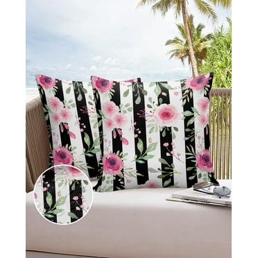 Outdoor Throw Pillow Cover Watercolor Pink Flower Green Leaves Waterproof Cushion Covers 2 Pack Spring Floral on Black White Stripe Pillow Cases Home Decoration for Patio Garden Couch Sofa