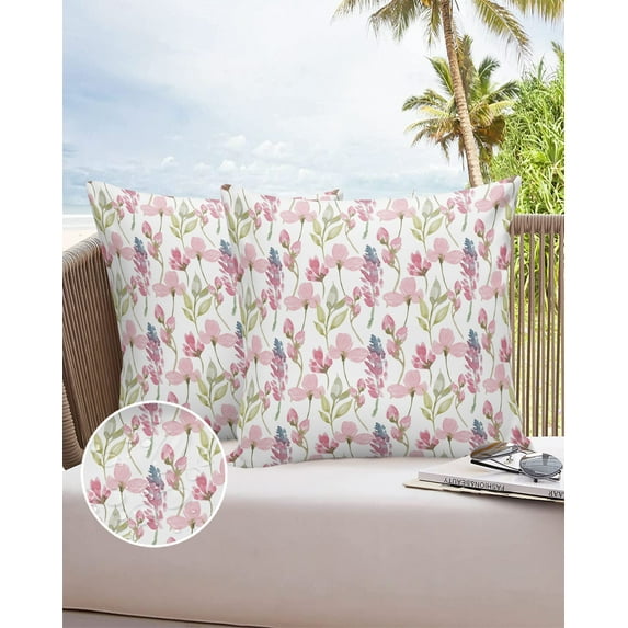 Outdoor Throw Pillow Cover Watercolor Pink Seamless Flower Waterproof Cushion Covers 2 Pack Garden Floral Leaves on White Pillow Cases Home Decoration for Patio Garden Couch Sofa