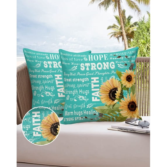 Outdoor Throw Pillow Cover Watercolor Sunflowers and Leaves Waterproof Cushion Covers 2 Pack Positive Quote on Teal Pillow Cases Home Decoration for Patio Garden Couch Sofa