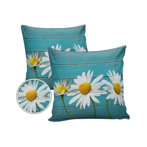 Outdoor Throw Pillow Cover White Daisies on Old Wooden Plank Waterproof Cushion Covers 2 Pack Farm Flowers Pillow Cases Home Decoration for Patio Garden Couch Sofa