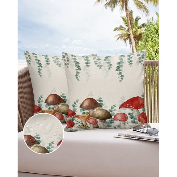 Outdoor Throw Pillow Cover Wild Eucalyptus Leaf and Mushroom Waterproof Cushion Covers 2 Pack Rustic Plants on Burlap Linen Texture Pillow Cases Home Decoration for Patio Garden Couch Sofa