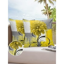 Outdoor Throw Pillow Cover Yellow Dahlia Flower Geometric Art Waterproof Cushion Covers 2 Pack Gray White Color Block Painting Pillow Cases Home Decoration for Patio Garden Couch Sofa