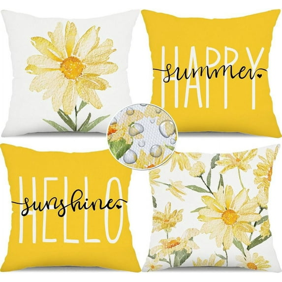 Outdoor Throw Pillow Covers 20x20 Set of 4 Waterproof Watercolor Daisy Throw Pillow Covers Hello Sunshine Summer Cushion Case Decoration for Sofa Couch