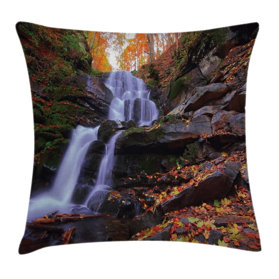 Outdoor Throw Pillow Cushion Cover, Mountain Waterfall Autumnal Forest Fallen Leaves Moss Cascade Serene View, Decorative Square Accent Pillow Case, 18 X 18 Inches, Orange Green Brown, by Ambesonne