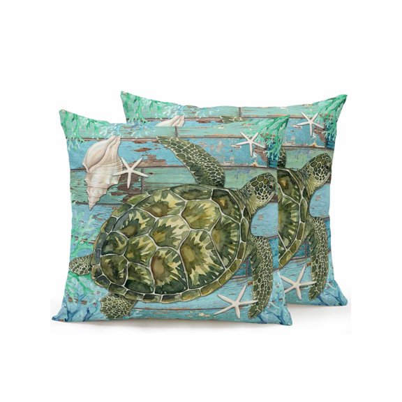 Outdoor Throw Pillow Set of 2, Coastal Sea Turtle Waterproof Pillow with Insert Included, Summer Beach Conch Teal Blue Wood Decorative Accent Cushion Sofa Pillows for Patio Porch, 18 x 18 In