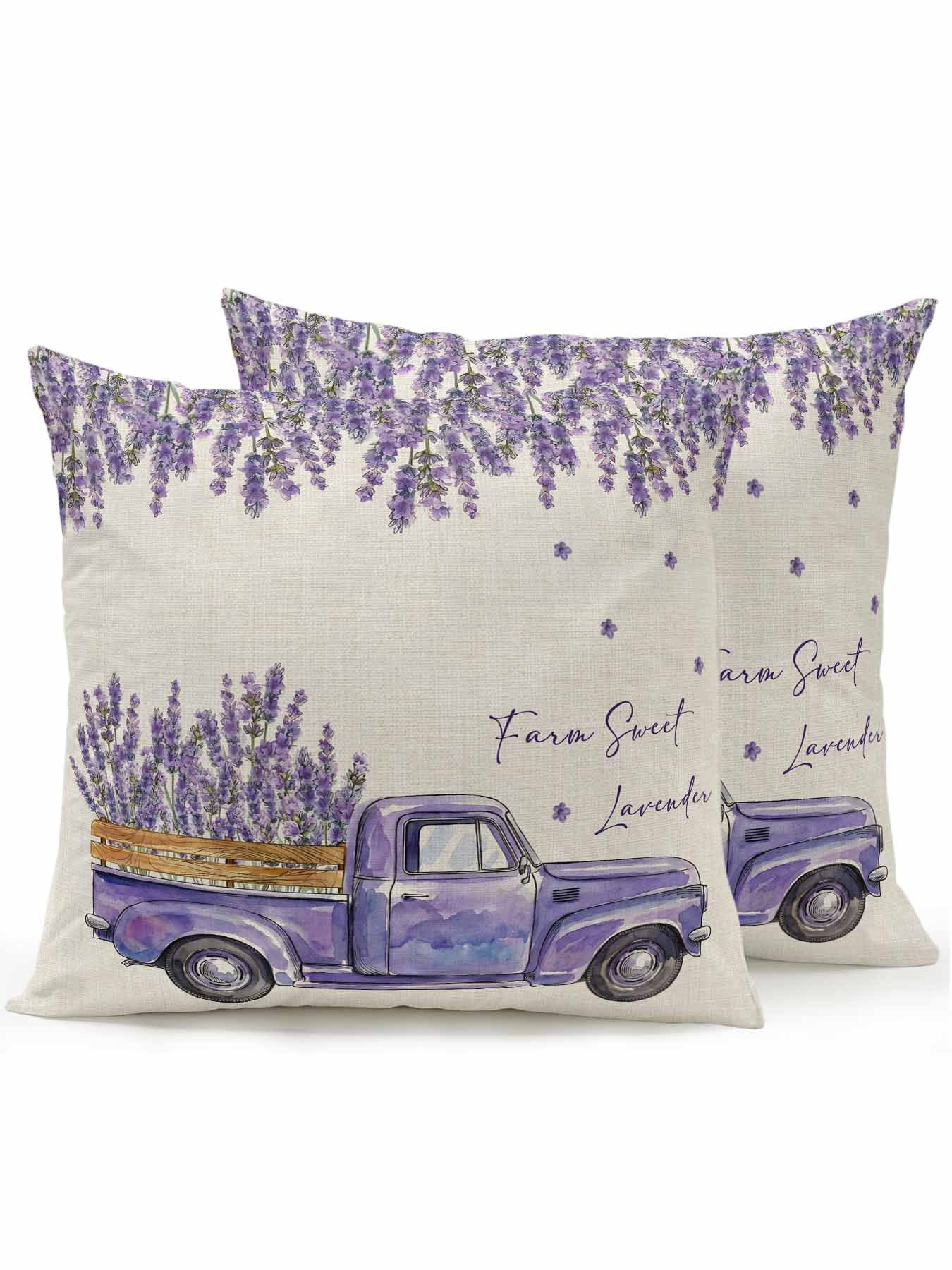 Outdoor Throw Pillow Set of 2, Purple Lavender Waterproof Pillow with Insert Included, Spring Floral Flowers Truck Farmhouse Beige Decorative Accent Cushion Sofa Pillows for Patio Porch, 16 x 16 In