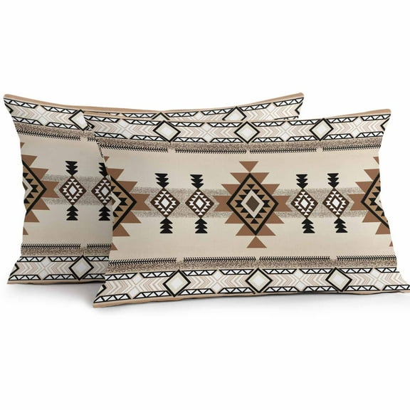 Outdoor Throw Pillows Covers 12X20 Set of 2 Waterproof Boho Decorative Zippered Cushion Covers for Patio Furniture, Southwest Aztec Pattern Lumbar Pillowcases Brown Beige