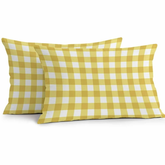 Outdoor Throw Pillows Covers 12X20 Set of 2 Waterproof Farmhouse Vintage Decorative Zippered Cushion Covers for Patio Furniture, Gingham Checkered Texture Lumbar Pillowcases Yellow White