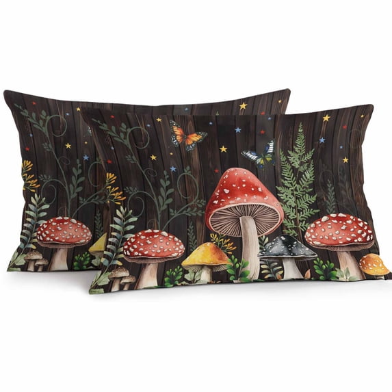 Outdoor Throw Pillows Covers 12X20 Set of 2 Waterproof Mushroom Butterfly Botanical Decorative Zippered Cushion Covers for Patio Furniture, Brown Lumbar Pillowcases