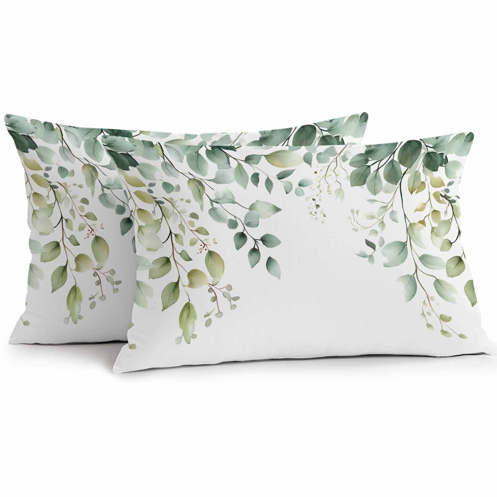 Outdoor Throw Pillows Covers 12X20 Set of 2 Waterproof Sage Green Floral Decorative Zippered Cushion Covers for Patio Furniture, Watercolor Eucalyptus Leaf Boho Botanical Lumbar Pillowcases