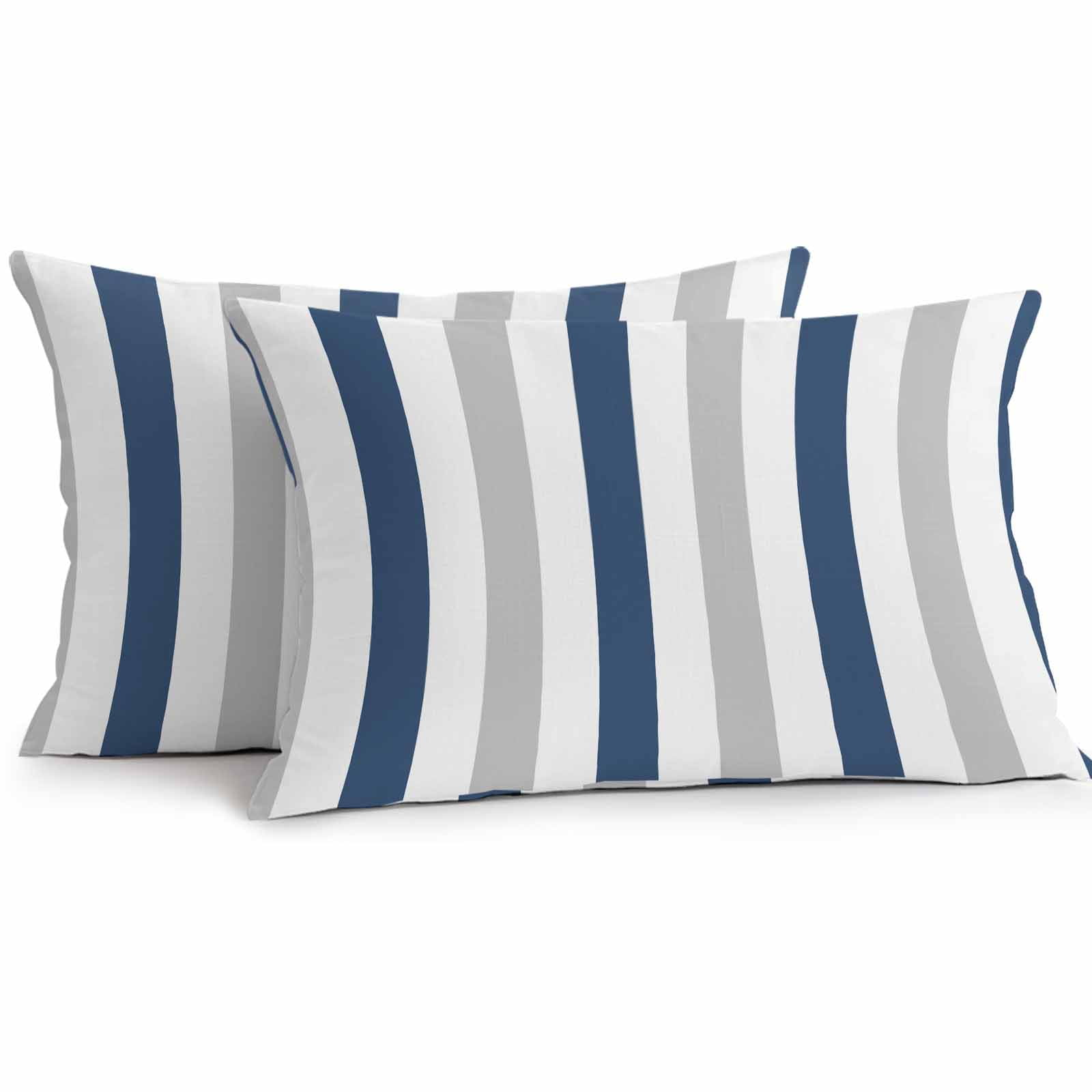 Outdoor Throw Pillows Covers 12X20 Set of 2 Waterproof Striped Decorative Zippered Cushion Covers for Patio Furniture, Navy Blue Gray White Lumbar Pillowcases