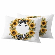 Outdoor Throw Pillows Covers 12x20inx2 Set Of 2 Waterproof Sunflower Wreath Decorative Zippered Cushion Covers for Patio Furniture, Retro Farmhouse Plaid Rustic Flowers Lumbar Pillowcases,