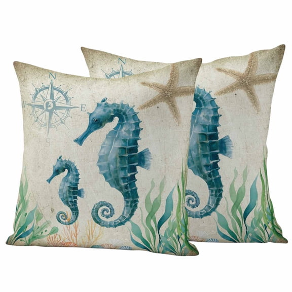 Outdoor Throw Pillows Covers 16x16inx2 Set Of 2 Waterproof Beach Coastal Theme Decorative Zippered Cushion Covers for Patio Furniture, Vintage Ocean Seahorse Lumbar Pillowcases,