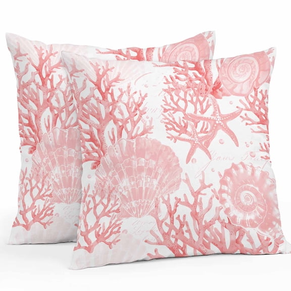 Outdoor Throw Pillows Covers 18X18 Set of 2 Waterproof Coastal Nautical Decorative Zippered Cushion Covers for Patio Furniture, Starfish Shell Coral Conch Pattern Lumbar Pillowcases Pink