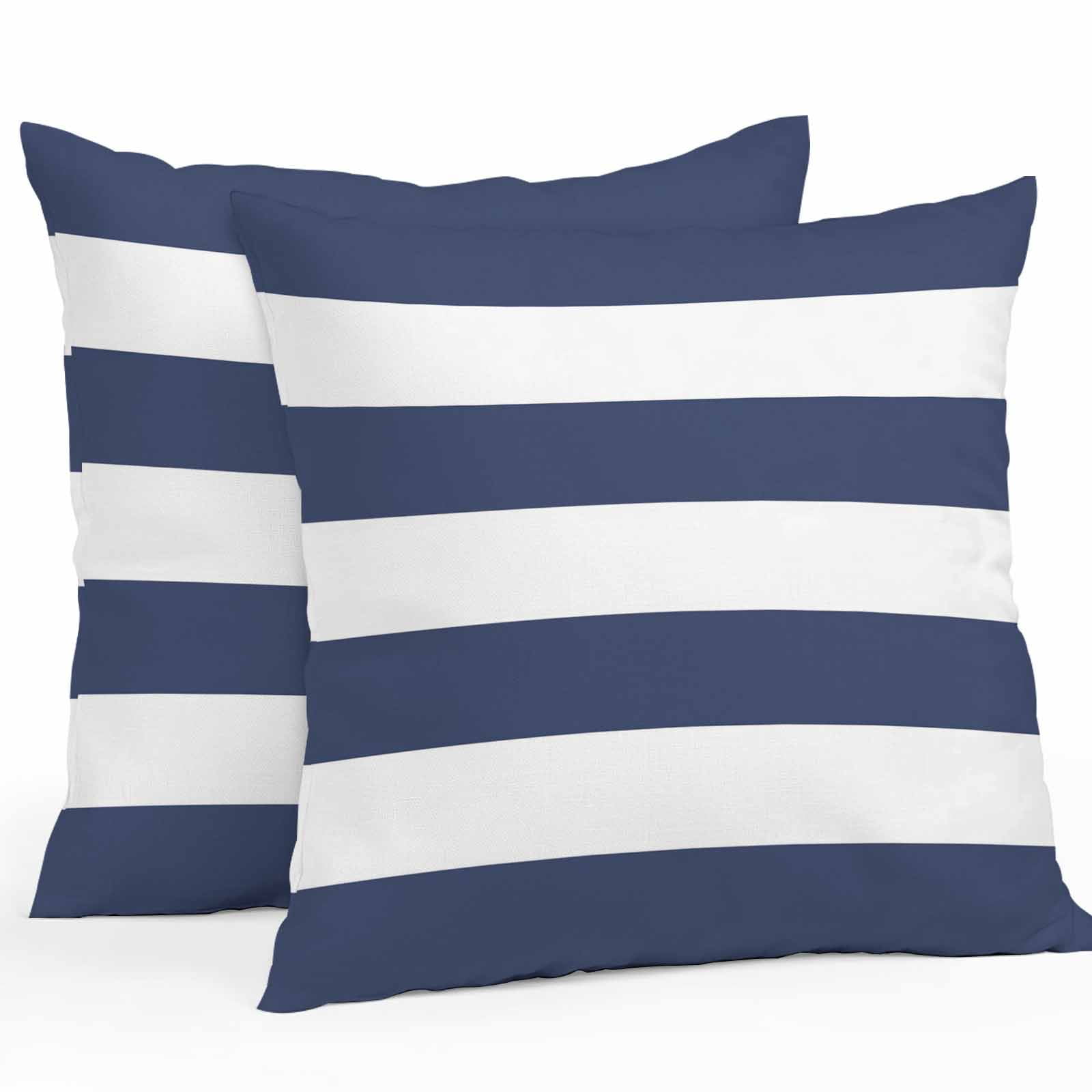Outdoor Throw Pillows Covers 18X18 Set of 2 Waterproof Coastal Nautical Minimalist Striped Decorative Zippered Cushion Covers for Patio Furniture, Navy Blue White Lumbar Pillowcases