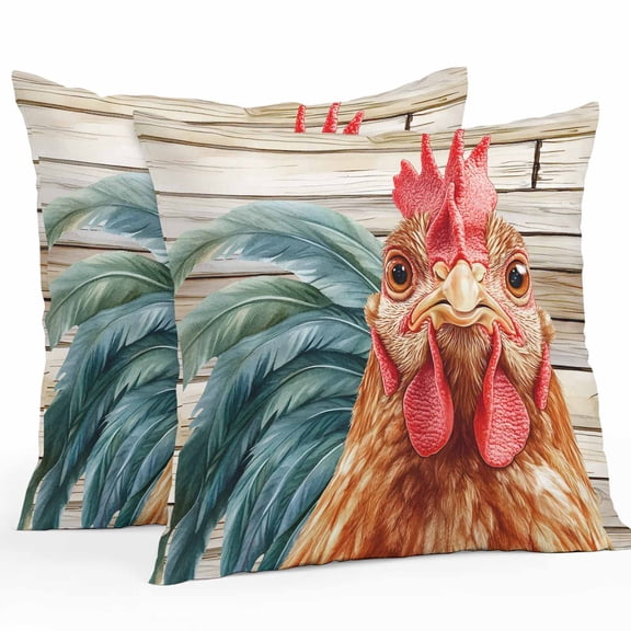 Outdoor Throw Pillows Covers 18X18 Set of 2 Waterproof Farmhouse Rustic Decorative Zippered Cushion Covers for Patio Furniture, Wood Texture Rooster Lumbar Pillowcases Red Brown
