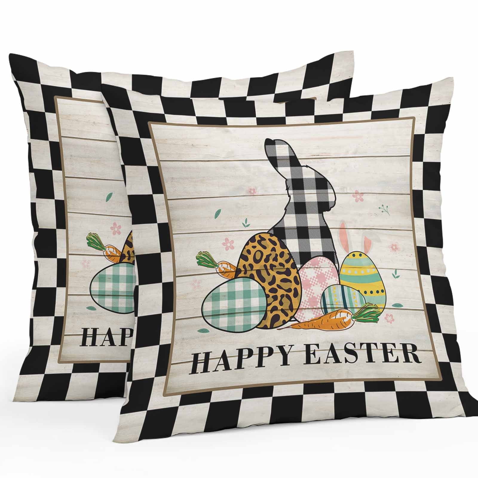 Outdoor Throw Pillows Covers 18X18 Set of 2 Waterproof Happy Easter Decorative Zippered Cushion Covers for Patio Furniture, Vintage Farm Check Plaid Rabbits Eggs Lumbar Pillowcases
