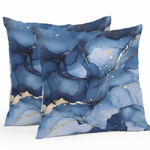 Outdoor Throw Pillows Covers 18X18 Set of 2 Waterproof Navy Blue and Gold Marble Texture Decorative Zippered Cushion Covers for Patio Furniture, Abstract Lines Lumbar Pillowcases
