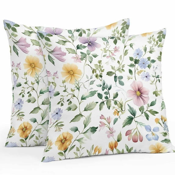 Outdoor Throw Pillows Covers 18X18 Set of 2 Waterproof Pastel Watercolor Floral Leaf Decorative Zippered Cushion Covers for Patio Furniture, Rustic Botanical Flowers Lumbar Pillowcases