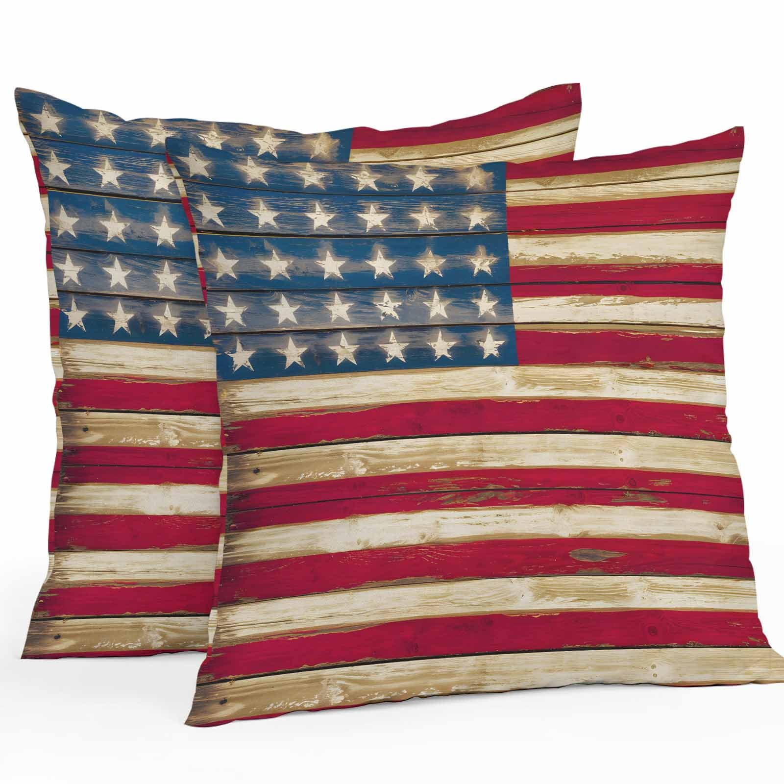 Outdoor Throw Pillows Covers 18X18 Set of 2 Waterproof Patriotic Rustic American Flag Decorative Zippered Cushion Covers for Patio Furniture, 4th of July Lumbar Pillowcases Red Blue