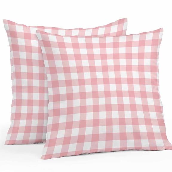 Outdoor Throw Pillows Covers 18X18 Set of 2 Waterproof Pink Gingham Buffalo Check Decorative Zippered Cushion Covers for Patio Furniture, Pink White Lumbar Pillowcases