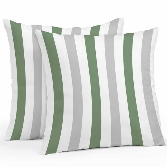 Outdoor Throw Pillows Covers 18X18 Set of 2 Waterproof Striped Decorative Zippered Cushion Covers for Patio Furniture, Sage Green Grey White Lumbar Pillowcases