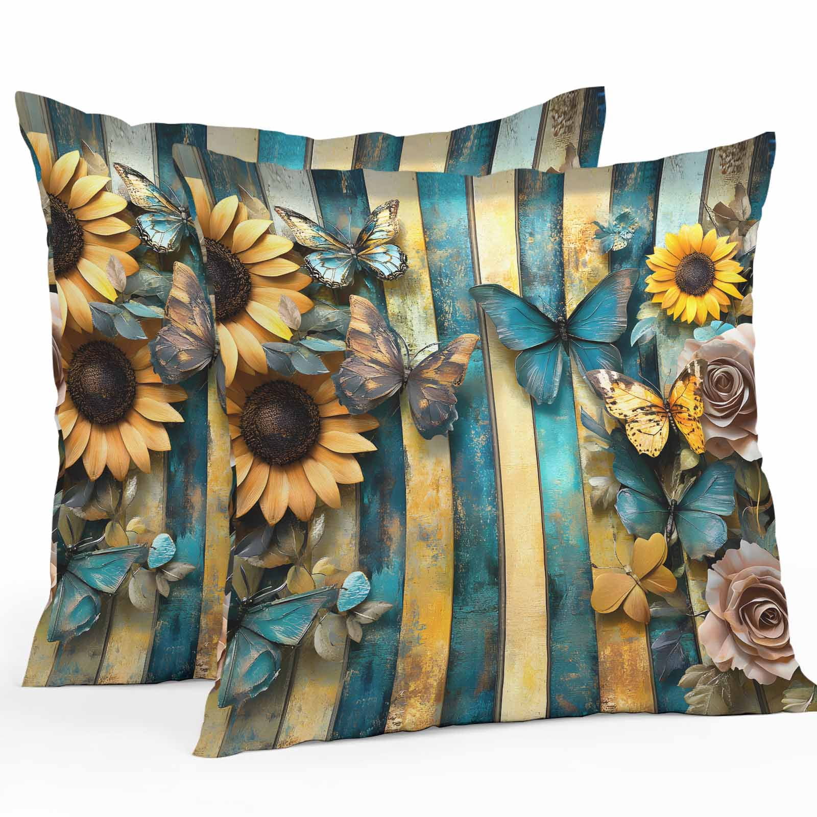 Outdoor Throw Pillows Covers 18X18 Set of 2 Waterproof Vintage Decorative Zippered Cushion Covers for Patio Furniture, Butterfly Sunflower Rose Striped Lumbar Pillowcases Yellow Blue