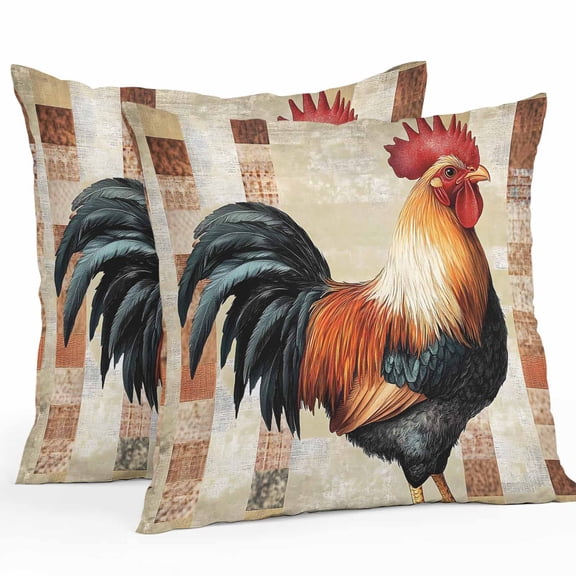 Outdoor Throw Pillows Covers 18X18 Set of 2 Waterproof Vintage Farmhouse Decorative Zippered Cushion Covers for Patio Furniture, Watercolor Rooster Pattern Lumbar Pillowcases Red Brown