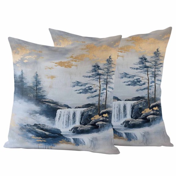 Outdoor Throw Pillows Covers 18x18inx2 Set Of 2 Waterproof Abstract Mountain Waterfall Scenery Decorative Zippered Cushion Covers for Patio Furniture, Lumbar Pillowcases