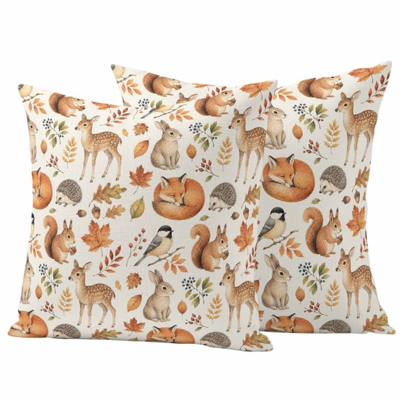 Outdoor Throw Pillows Covers 18x18inx2 Set Of 2 Waterproof Autumn Botanical Decorative Zippered Cushion Covers for Patio Furniture, Retro Deer Rabbit Animal Fall Leaf Lumbar Pillowcases