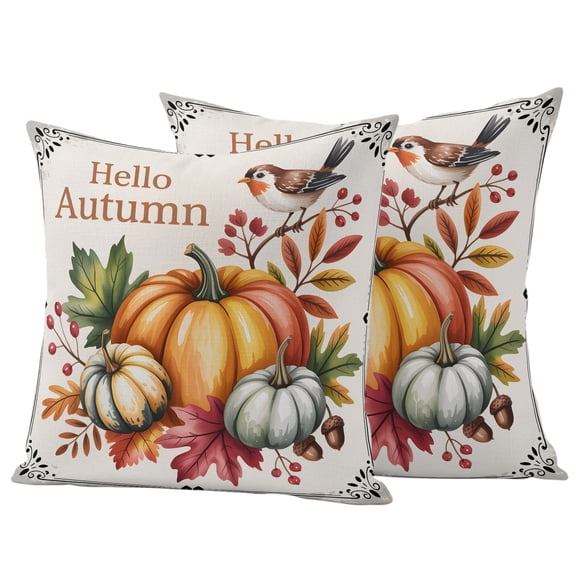 Outdoor Throw Pillows Covers 18x18inx2 Set Of 2 Waterproof Autumn Fall Bird Decorative Zippered Cushion Covers for Patio Furniture, Pumpkin Lumbar Pillowcases