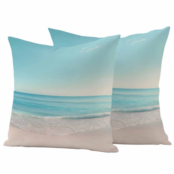 Outdoor Throw Pillows Covers 18x18inx2 Set Of 2 Waterproof Coastal Shoreline Decorative Zippered Cushion Covers for Patio Furniture, Scenery Light Blue Waves Lumbar Pillowcases