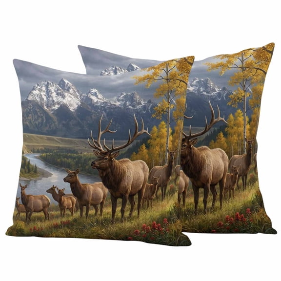 Outdoor Throw Pillows Covers 18x18inx2 Set Of 2 Waterproof Fall Foliage Decorative Zippered Cushion Covers for Patio Furniture, Rustic Elk Herd Mountains Animals Lumbar Pillowcases