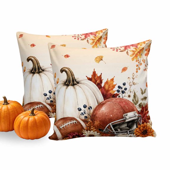 Outdoor Throw Pillows Covers 18x18inx2 Set Of 2 Waterproof Fall Seasonal Decorative Zippered Cushion Covers for Patio Furniture, Boho Pumpkins Football Helmet Lumbar Pillowcases