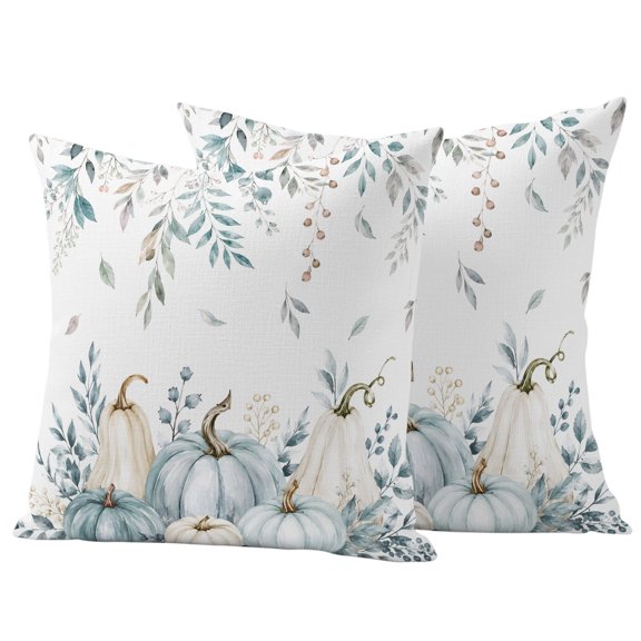 Outdoor Throw Pillows Covers 18x18inx2 Set Of 2 Waterproof Fall Seasonal Decorative Zippered Cushion Covers for Patio Furniture, Vintage Green Pumpkins Leaves Lumbar Pillowcases