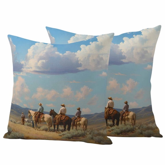 Outdoor Throw Pillows Covers 18x18inx2 Set Of 2 Waterproof Grasslands Scenery Decorative Zippered Cushion Covers for Patio Furniture, Southwest Ethnic Horses Cowboys Lumbar Pillowcases