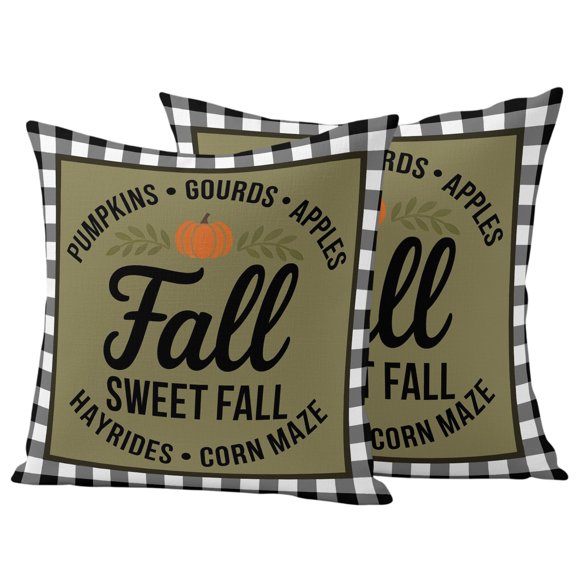 Outdoor Throw Pillows Covers 18x18inx2 Set Of 2 Waterproof Green Fall Sweet Fall Pumpkin Decorative Zippered Cushion Covers for Patio Furniture, Lumbar Pillowcases