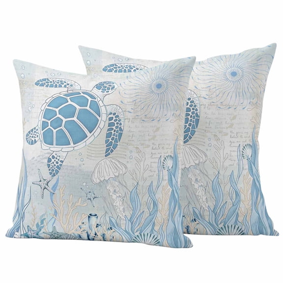Outdoor Throw Pillows Covers 18x18inx2 Set Of 2 Waterproof Marine Life Decorative Zippered Cushion Covers for Patio Furniture, Vintage Blue Jellyfish Turtles Blue Sea Weed Lumbar Pillowcases
