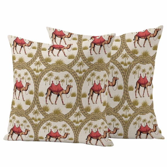 Outdoor Throw Pillows Covers 18x18inx2 Set Of 2 Waterproof Retro Animal Decorative Zippered Cushion Covers for Patio Furniture, Deserts Camel Palm Trees Retro Deserts Lumbar Pillowcases
