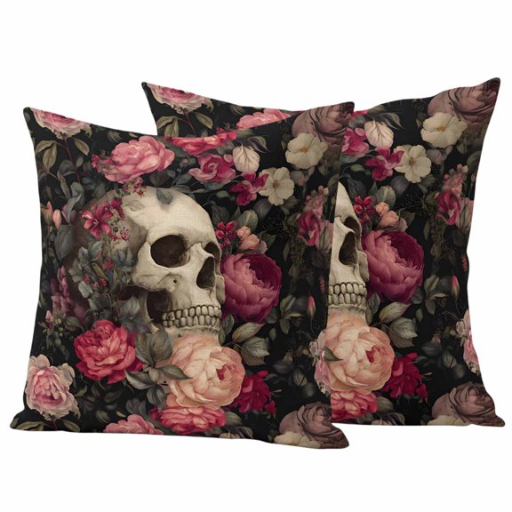 Outdoor Throw Pillows Covers 18x18inx2 Set Of 2 Waterproof Retro Floral Skull Horror Decorative Zippered Cushion Covers for Patio Furniture, Lumbar Pillowcases