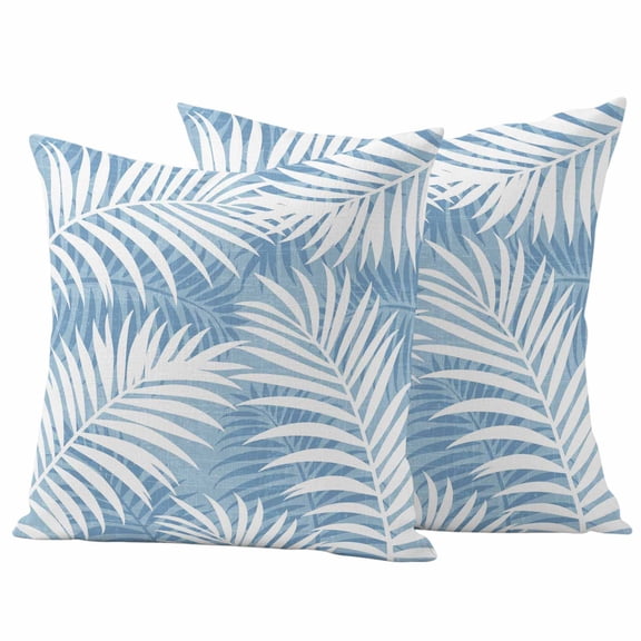 Outdoor Throw Pillows Covers 18x18inx2 Set Of 2 Waterproof Sky Blue Leaf Decorative Zippered Cushion Covers for Patio Furniture, Tropical Patterned Modern Plant Lumbar Pillowcases