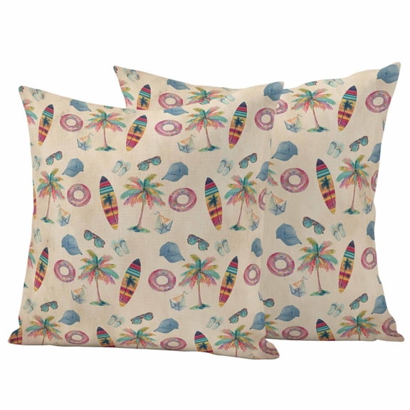 Outdoor Throw Pillows Covers 18x18inx2 Set Of 2 Waterproof Summer Beach Decorative Zippered Cushion Covers for Patio Furniture, Vintage Coastal Coconut Trees Surfboards Lumbar Pillowcases
