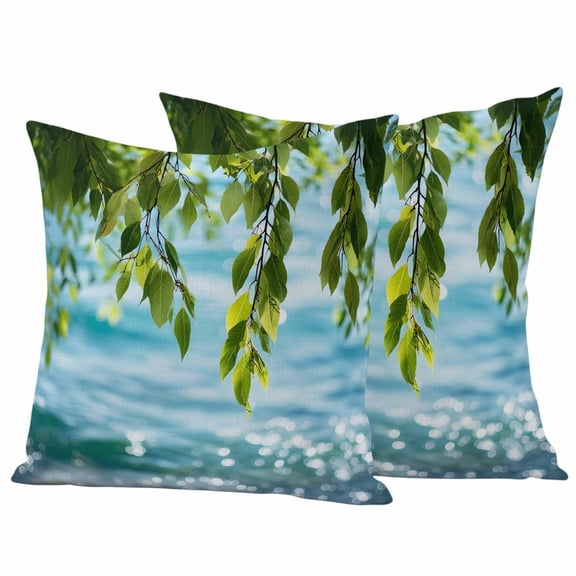 Outdoor Throw Pillows Covers 18x18inx2 Set Of 2 Waterproof Summer Scenery Decorative Zippered Cushion Covers for Patio Furniture, Nature Lake Water Leaves Lumbar Pillowcases