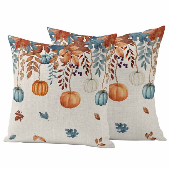 Outdoor Throw Pillows Covers 18x18inx2 Set Of 2 Waterproof Vintage Blue Pumpkin Leaves Fall Decorative Zippered Cushion Covers for Patio Furniture, Lumbar Pillowcases