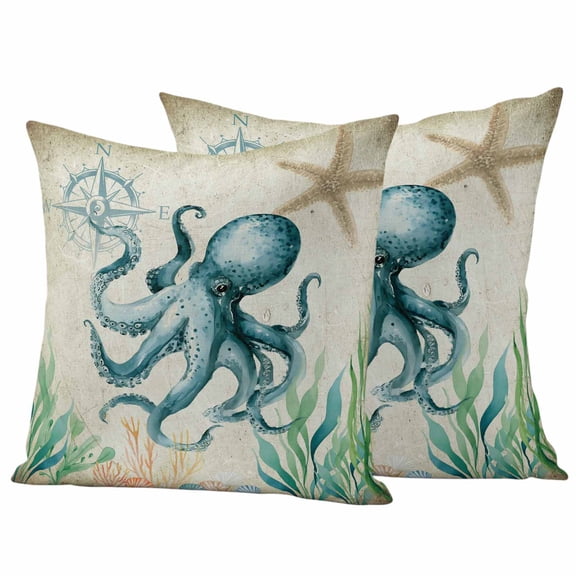 Outdoor Throw Pillows Covers 26x26inx2 Set Of 2 Waterproof Beach Coastal Theme Decorative Zippered Cushion Covers for Patio Furniture, Vintage Sea Octopus Lumbar Pillowcases,
